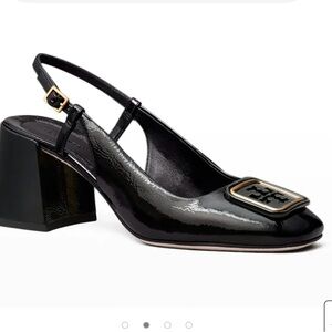 Tory Burch Black Block Heel Slingbacks with Gold Buckle